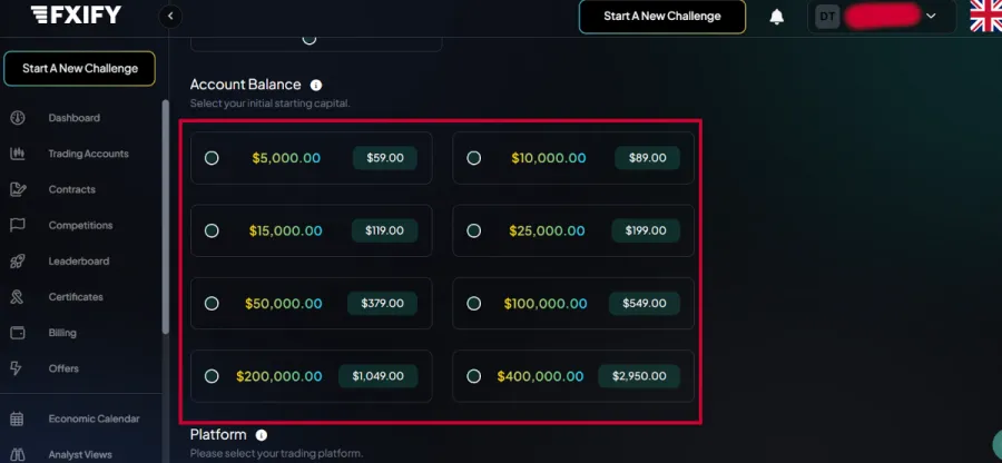 FXIFY Auswahl verfügbarer Kontogrößen im Bestellmenü