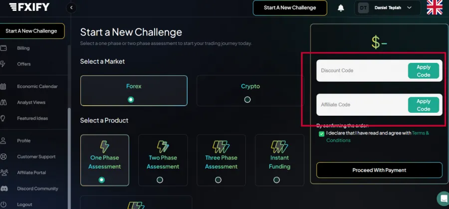 FXIFY Eingabe von Rabattcodes