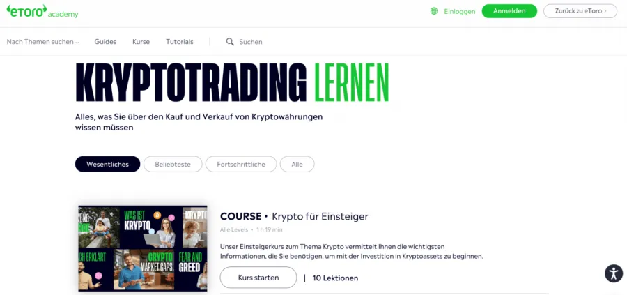 eToro Academy Kursseite "Kryptotrading lernen", ideal für Anfänger. Bietet wichtige Grundlagen zum Krypto-Investment und unterstützt Einsteiger beim erfolgreichen Handel.