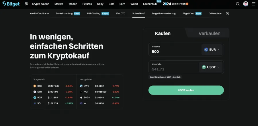 Screenshot der Bitget-Handelsplattform, der den Kauf von Kryptowährungen zeigt und als Beispiel für den klassischen Krypto-Handel dient.