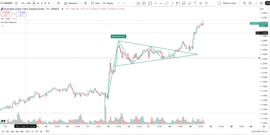 AUDNZD Forex Paar als Beispiel für ein Bullish Pennant Pattern