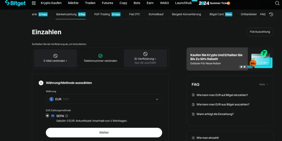 Einzahlungsmaske bei der Krypto Plattform Bitget