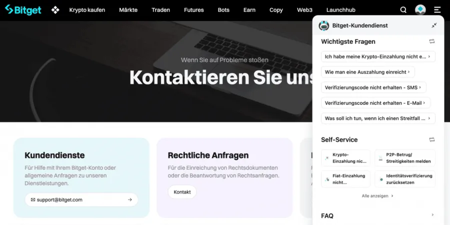 Bitget Krypto Börse Kundenservice-Seite mit FAQs und Kontaktoptionen wie E-Mail-Support und Self-Service-Bereich (Chat).