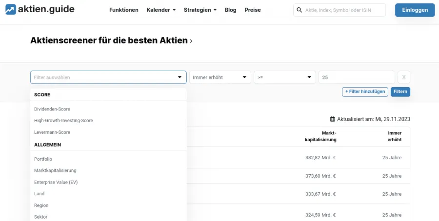 Aktienscreener für die besten Aktien Aktien.Guide