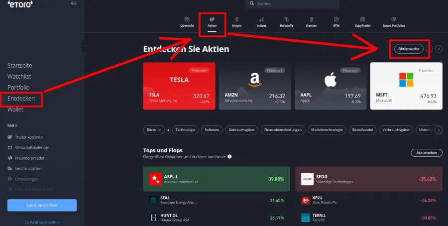 Schritte zum Aktienscanner bei eToro