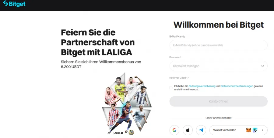 Anmeldeformular auf der Seite von Bitget