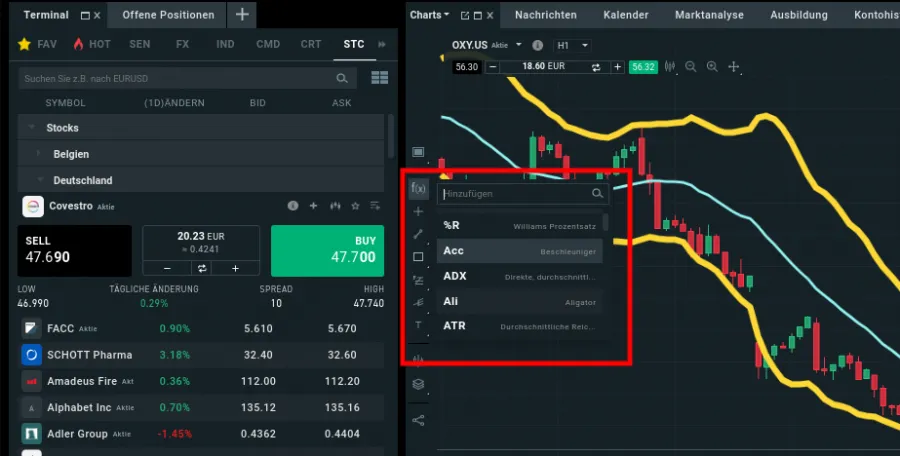 Indikatoren beim Broker XTB auswählen