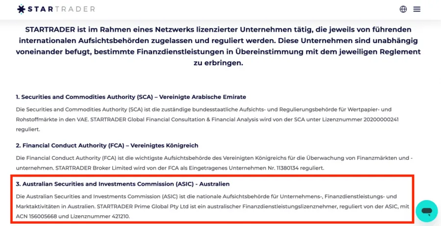 StarTrader Regulierung durch die ASIC (Australian Securities and Investments Commission).