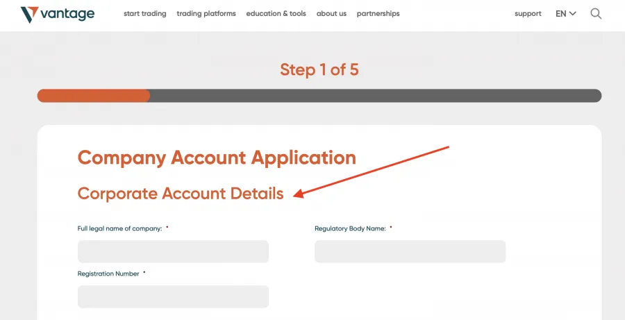Vantage Markets corporate Account