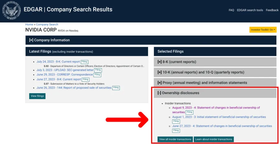 Screenshot der SEC EDGAR Datenbank mit hervorgehobenen Insider Transaktionen.