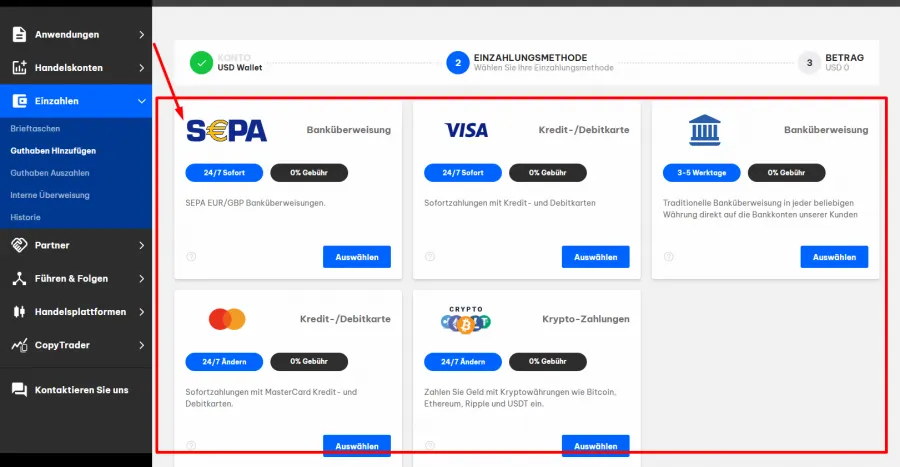 Geld einzahlen beim Trading Broker