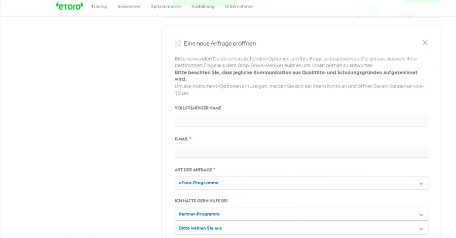 Anmeldemaske bei eToro