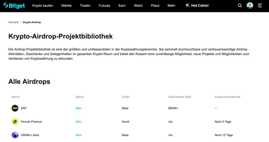 Screenshot der Bitget Krypto-Airdrop-Projektbibliothek, die verschiedene aktive Airdrops auflistet.