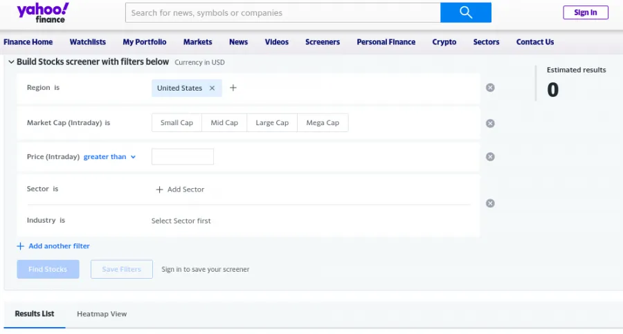 Wählen Sie bestimmte Kriterien für den Yahoo! Finance Aktienscreener aus