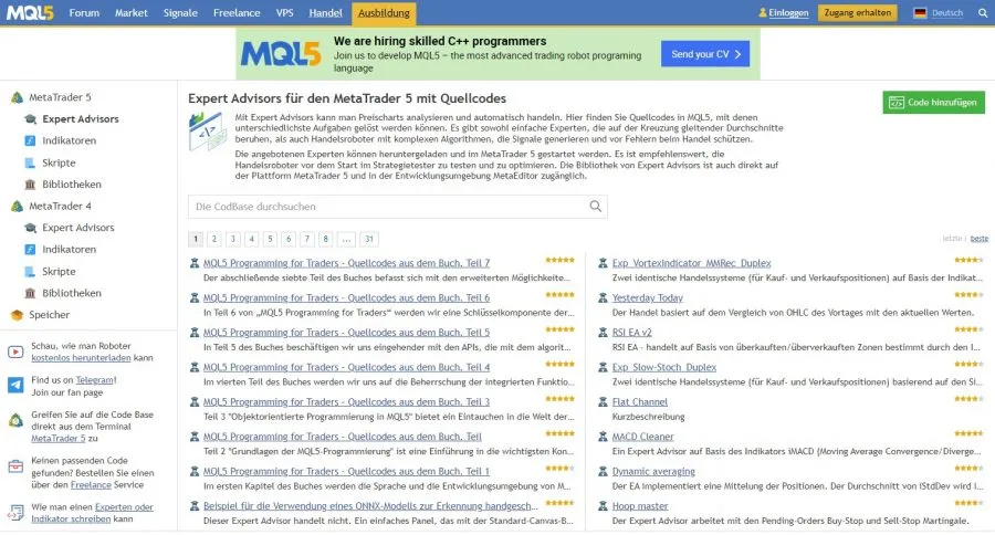 Expert Advisor Beispiele im MQL5 Forum
