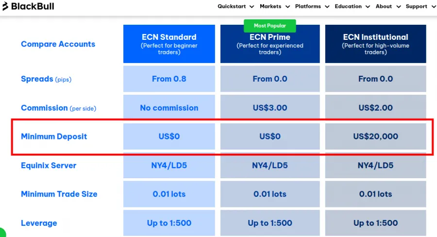 Mindesteinlage bei BlackBull Markets