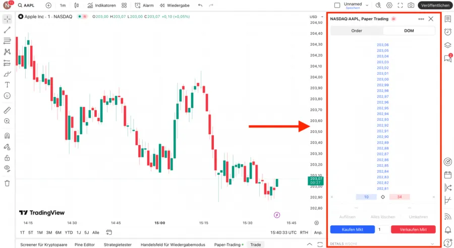 Screenshot der TradingView Software zeigt das Orderbuch (DOM) für Apple (AAPL).