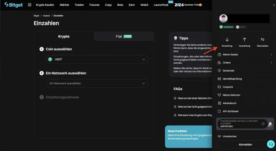 Bitget Börse Einzahlung