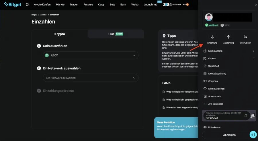 Geld einzahlen auf das Bitget Ethereum Trading Konto
