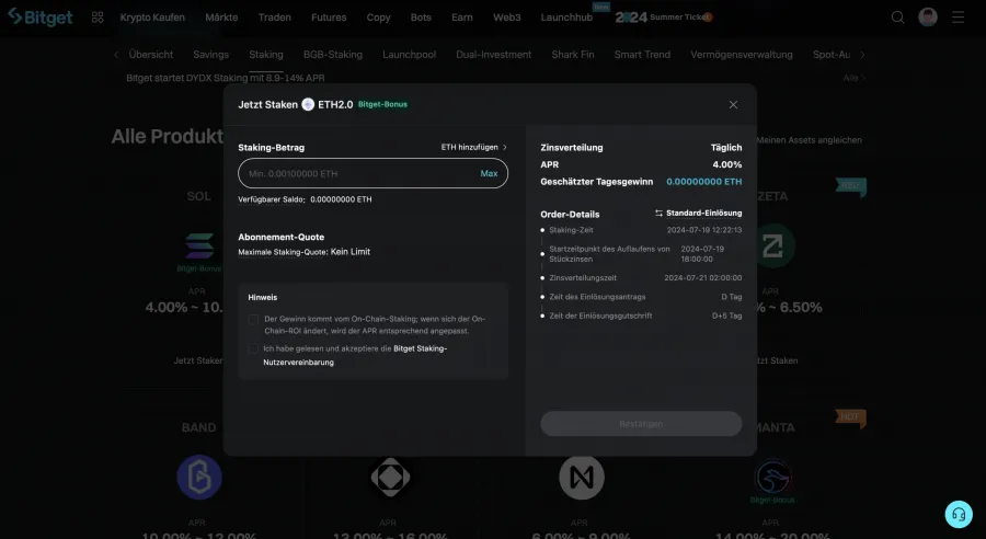Bitget Krypto Staking Beispiel wie zum Beispiel ETH2.0