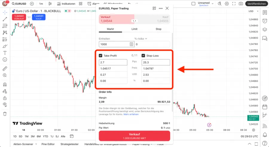 Stop Loss und Take Profit Order auf TradingView
