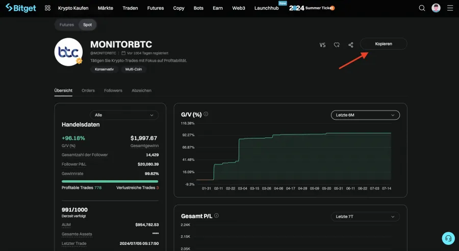 Geld verdienen mit Copy Trading von Kryptos auf der Krypto Trading Plattform Bitget