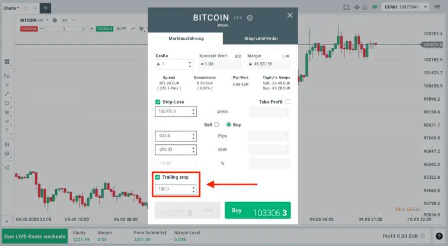 Trailing Stop Loss Order auf der XTB-Plattform: Bitcoin Trading Beispiel.