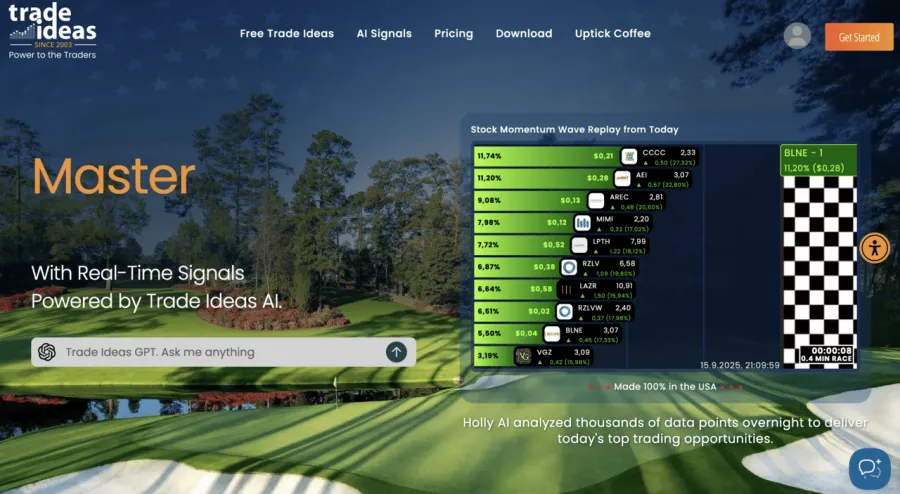 Ein Screenshot der Trade Ideas Webseite, der die Übersichtsseite mit Echtzeit-Signalen, KI-gestützten Aktien-Analysen und einem Stock Momentum Wave Replay zeigt.