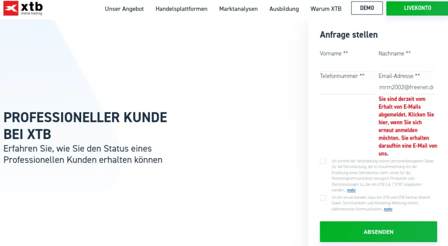 XTB Profi Trading Konto einrichten – Anfrage stellen