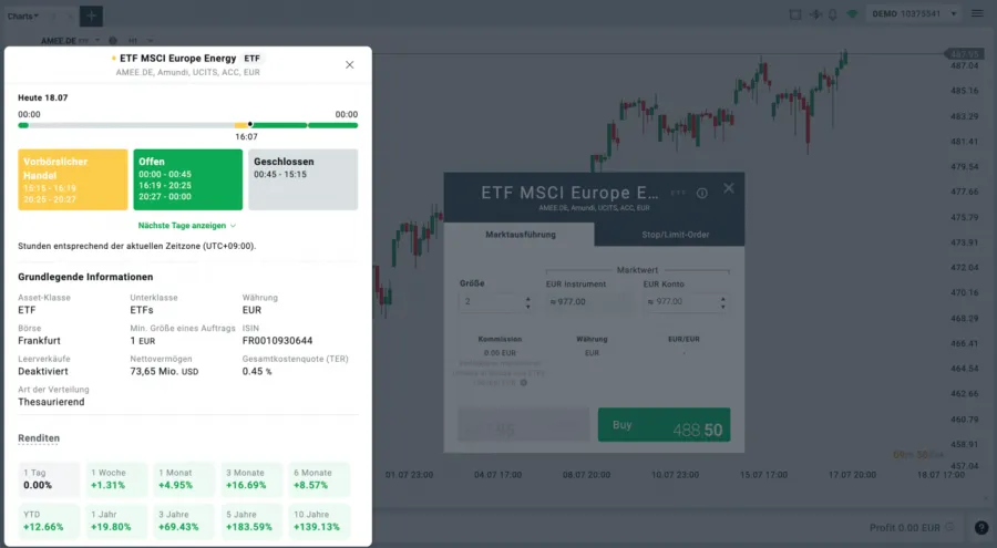 Screenshot der XTB xStation5 Plattform, die den ETF MSCI Europe Energy für ETF Trading zeigt, mit Details zu Öffnungszeiten, Renditen und Kaufoptionen.