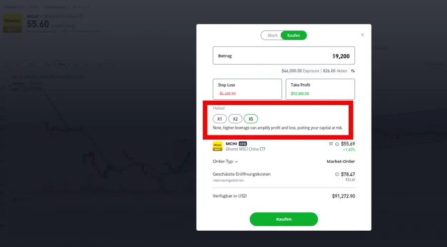 Hebel festlegen in der ETF TRading Plattform eToro