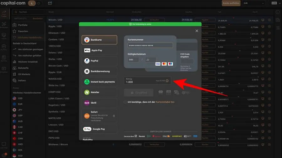 Capital.com Aktienindizes traden Geld einzahlen
