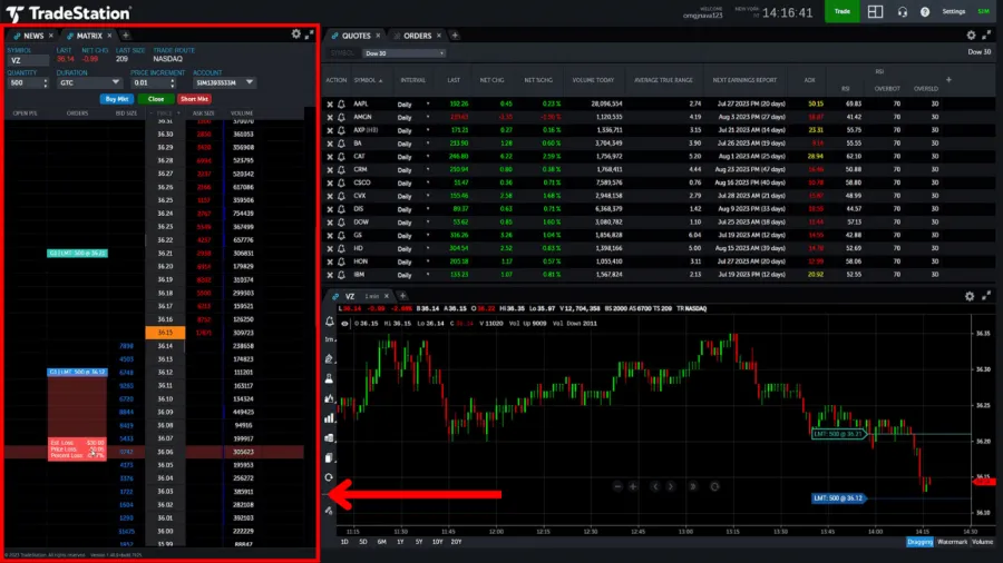 Screenshot der TradeStation Software zeigt das Orderbuch und Handelsfunktionen.