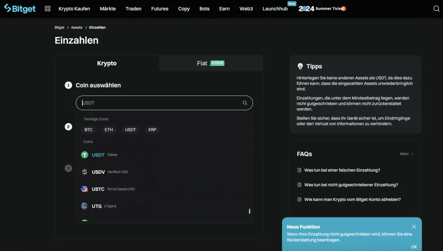 Einzahlen in das Krypto Wallet