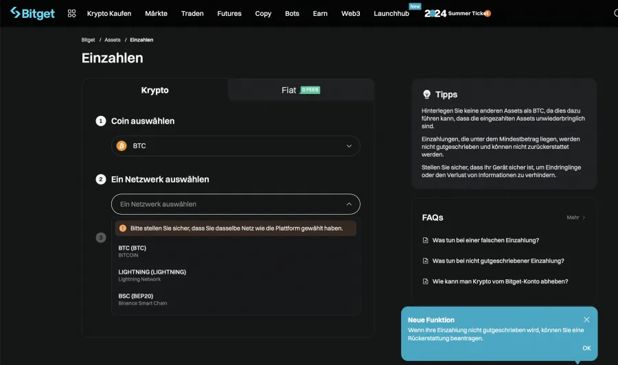 Bitget mit BTC Geld einzahlen