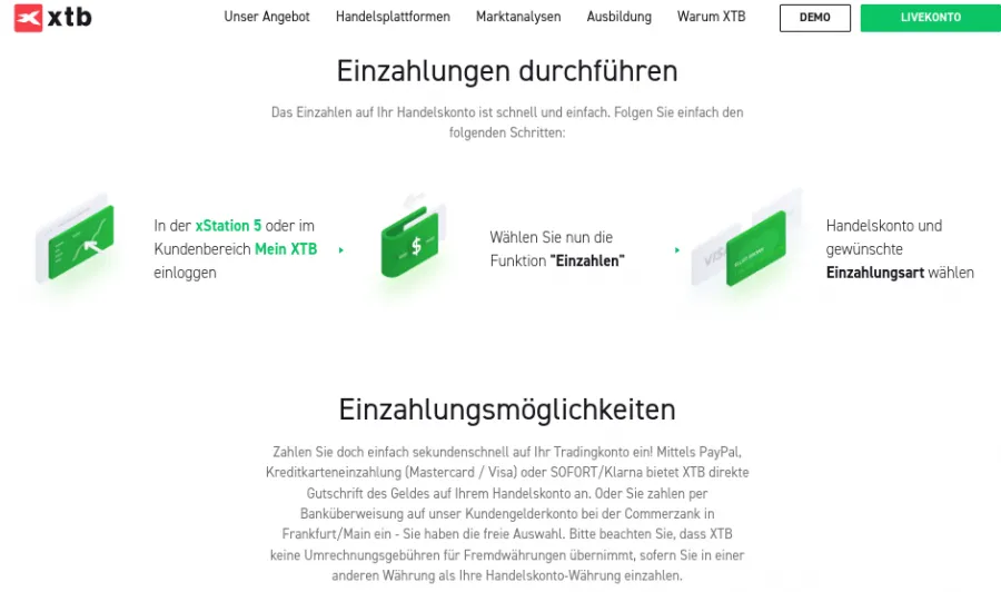 Kapital XTB – Einzahlung durchführen