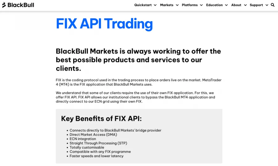 Screenshot von BlackBull Markets Website, die FIX API Trading als Option für HFT anbietet.
