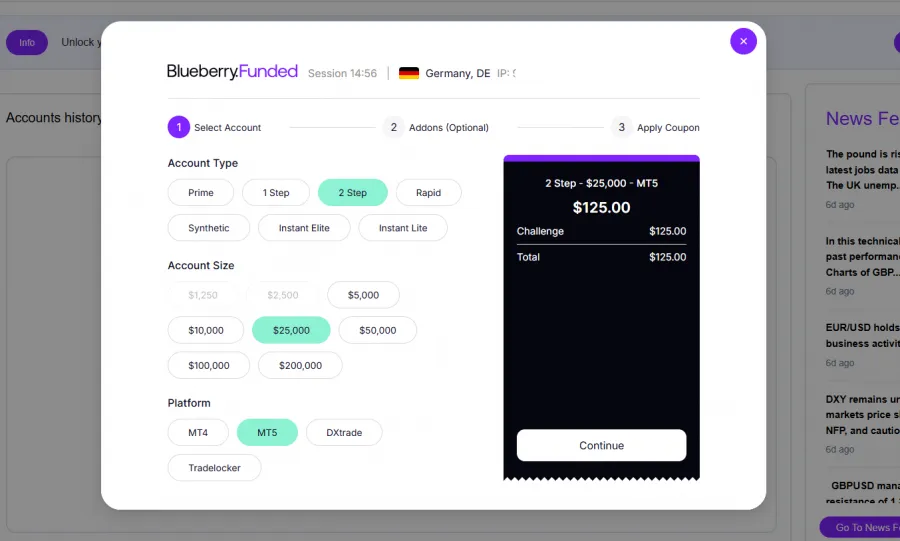 Blueberry Funded Challenge Starten im Dashboard