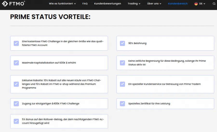 Vorteile und Rabatte bei Prime Status FTMO
