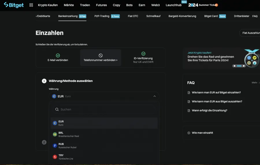 Geld einzahlen auf der Krypto Trading Plattform Bitget