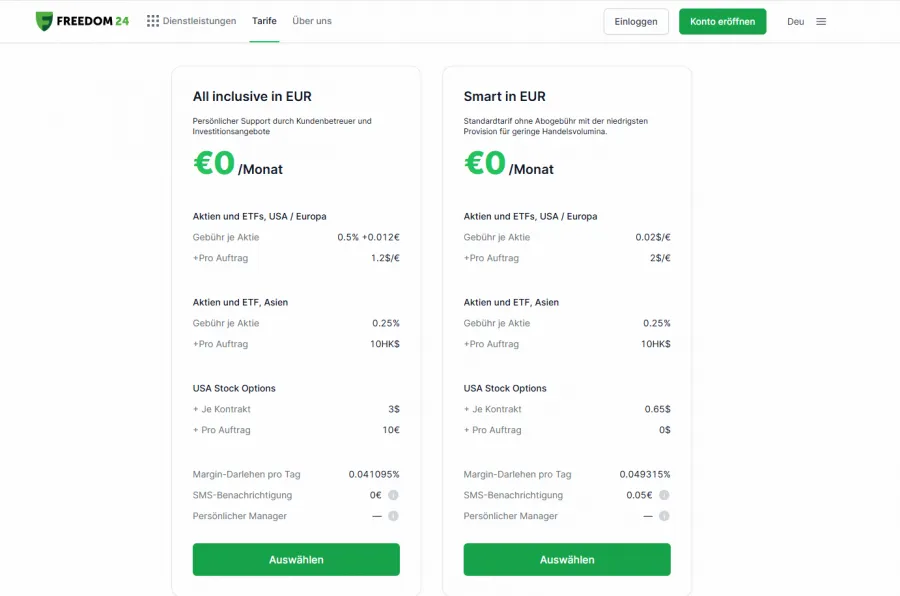 Aktien Gebühren Tarrife bei Freedom 24