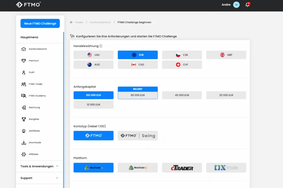 FTMO Konto und Plattform Auswählen
