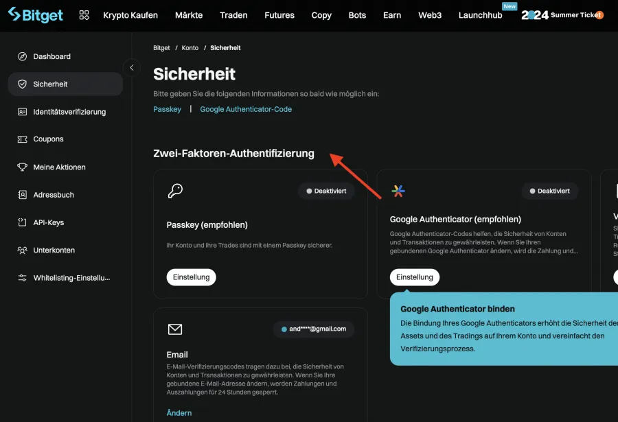 Zweifaktor Verifizierung in der Krypto App Bitget