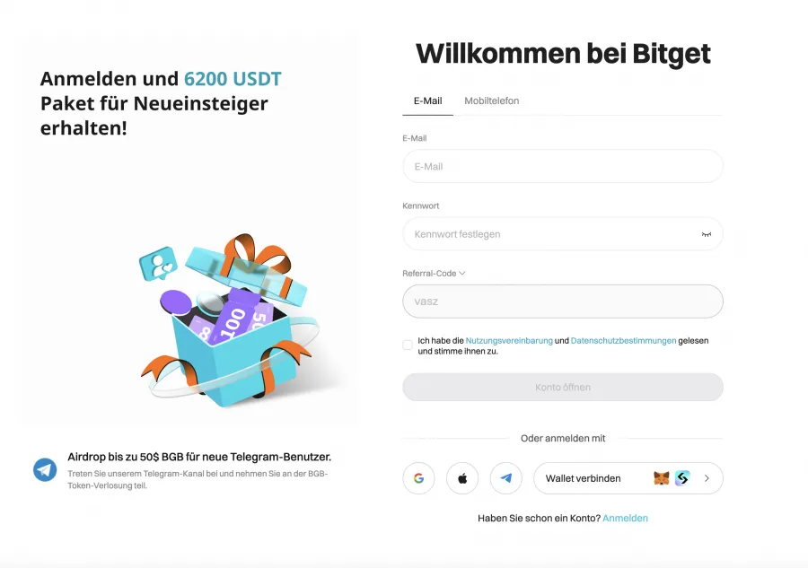 Registrierungsmaske zum Krypto Wallet