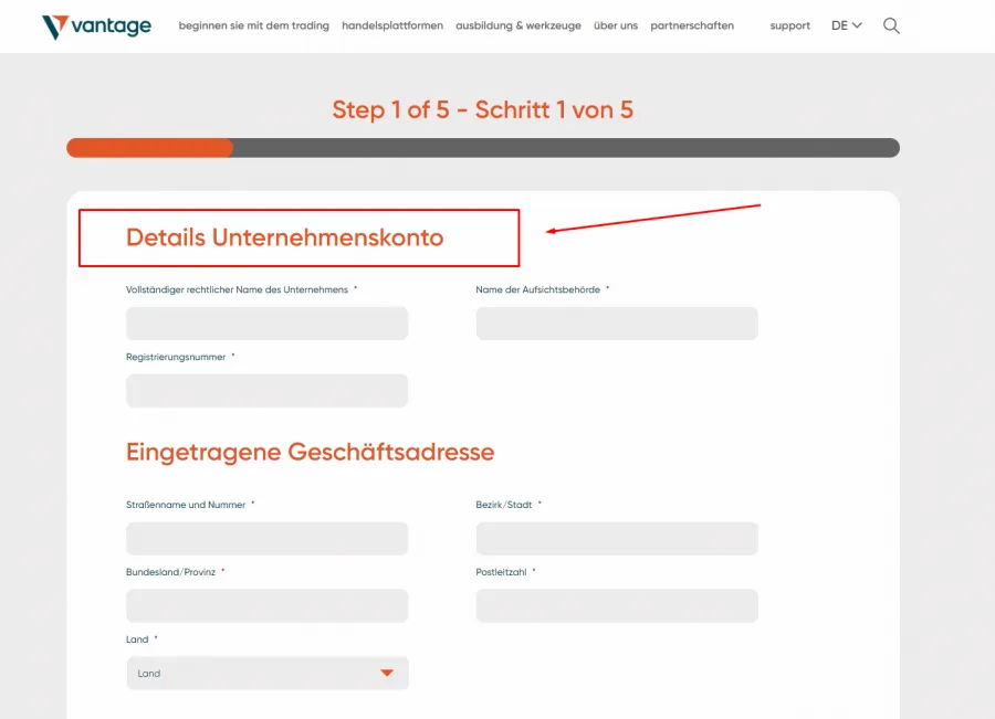 Unternehmenskonto im Trading bei Vantage Markets eröffnen