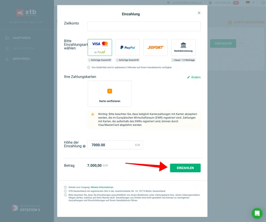 Kapital einzahlen bei XTB