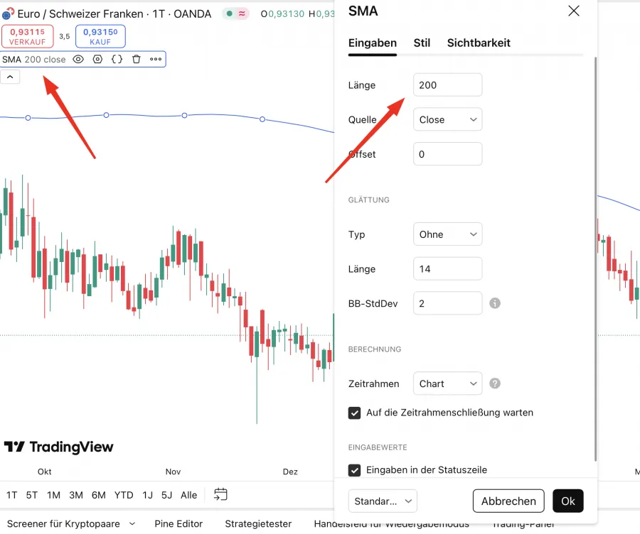 200 Tage Linie bei TradingView auswählen und einstellen