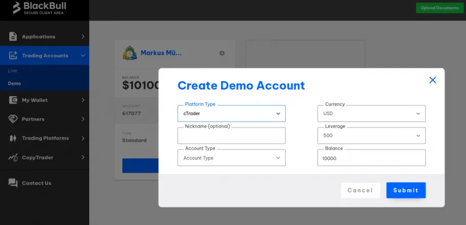 Einrichtung eines Demokontos bei BlackBull Markets