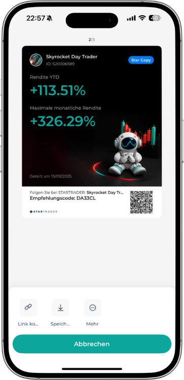 Screenshot des Trading Bots „Skyrocket Day Trader“ auf der Startrader-App, der eine YTD-Rendite von +113.51% und eine monatliche von +326.29% zeigt.