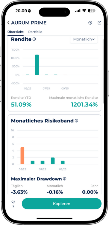 Ein Screenshot der Startrader-App, der die Performance des Aurum Prime Trading-Bots mit einer YTD-Rendite von 51,09% und einem maximalen monatlichen Drawdown von -0,16% darstellt.